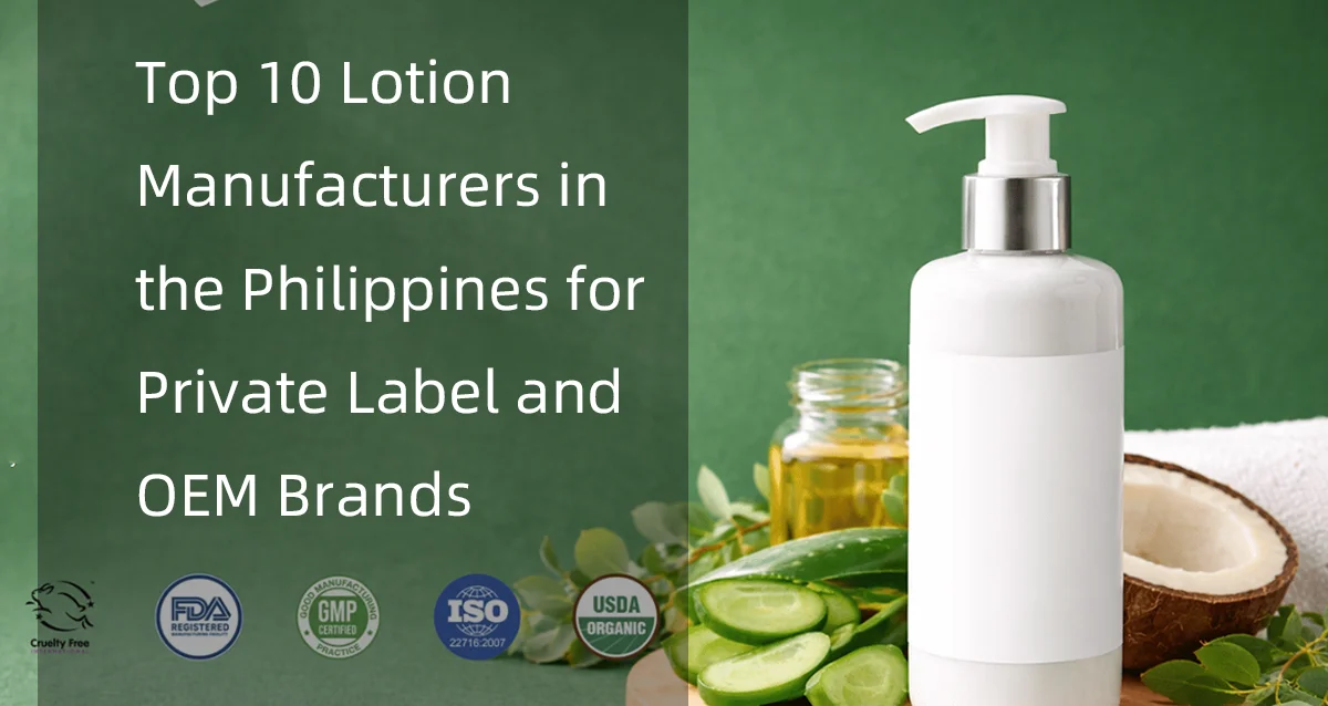 A lotion bottle with pump surrounded by cucumber slices, coconut, and oil, alongside text listing top manufacturers in the Philippines.